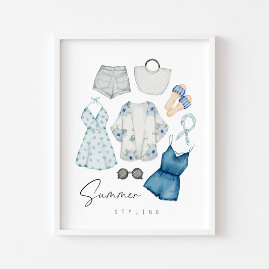 Summer styling, blue summer fashion, summer accessories home seasonal unframed wall art poster print