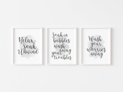 Set of 3 watercolour bathroom prints, relax soak unwind inhale exhale bathroom washroom unframed wall art poster prints