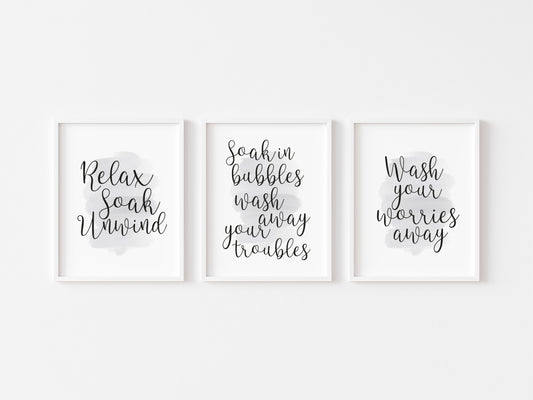 Set of 3 watercolour bathroom prints, relax soak unwind inhale exhale bathroom washroom unframed wall art poster prints