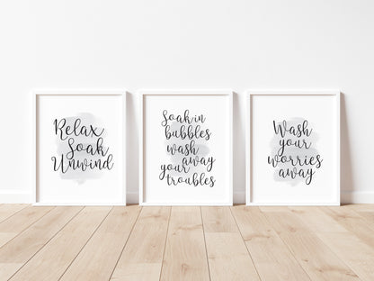 Set of 3 watercolour bathroom prints, relax soak unwind inhale exhale bathroom washroom unframed wall art poster prints