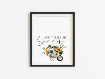 And it feels like summer, watercolour sunflowers and greenery bouquet wheelbarrow illustration unframed wall art poster print