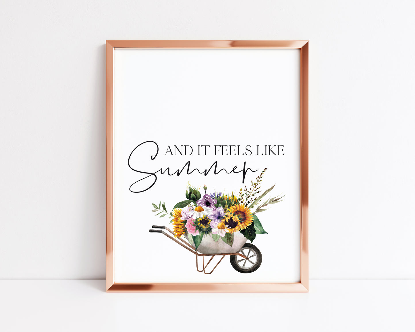 And it feels like summer, watercolour sunflowers and greenery bouquet wheelbarrow illustration unframed wall art poster print