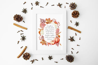 Autumn print, autumn description watercolour floral pumpkin wreath unframed wall art poster print