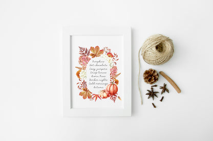 Autumn print, autumn description watercolour floral pumpkin wreath unframed wall art poster print