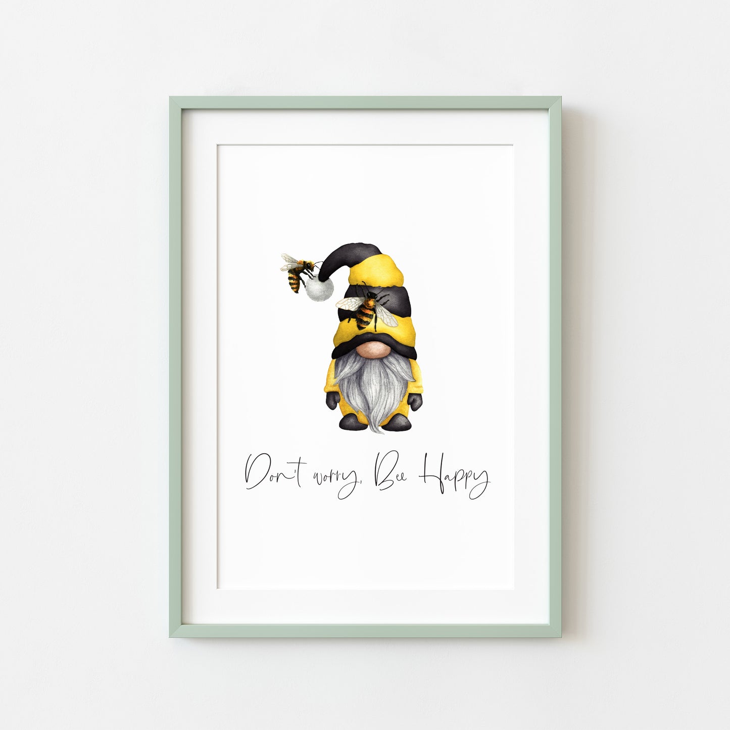 Don't worry Bee Happy watercolour gonk/gnome spring motivational seasonal unframed wall art poster print