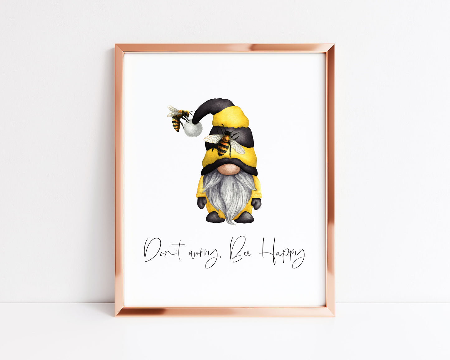 Don't worry Bee Happy watercolour gonk/gnome spring motivational seasonal unframed wall art poster print