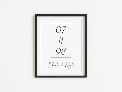 Personalised Print, engagement, couples gift with names & date unframed wall art poster print