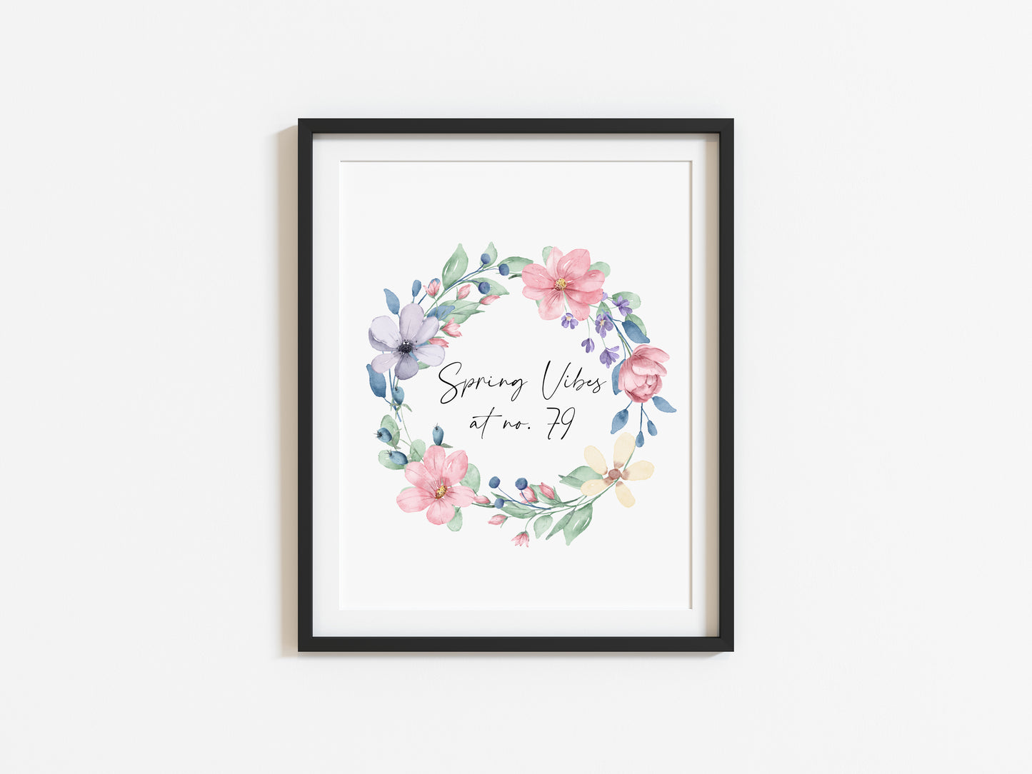 Spring Vibes at no. (house number) watercolour pink & blue floral bouquet spring home unframed wall art poster print