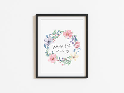 Spring Vibes at no. (house number) watercolour pink & blue floral bouquet spring home unframed wall art poster print