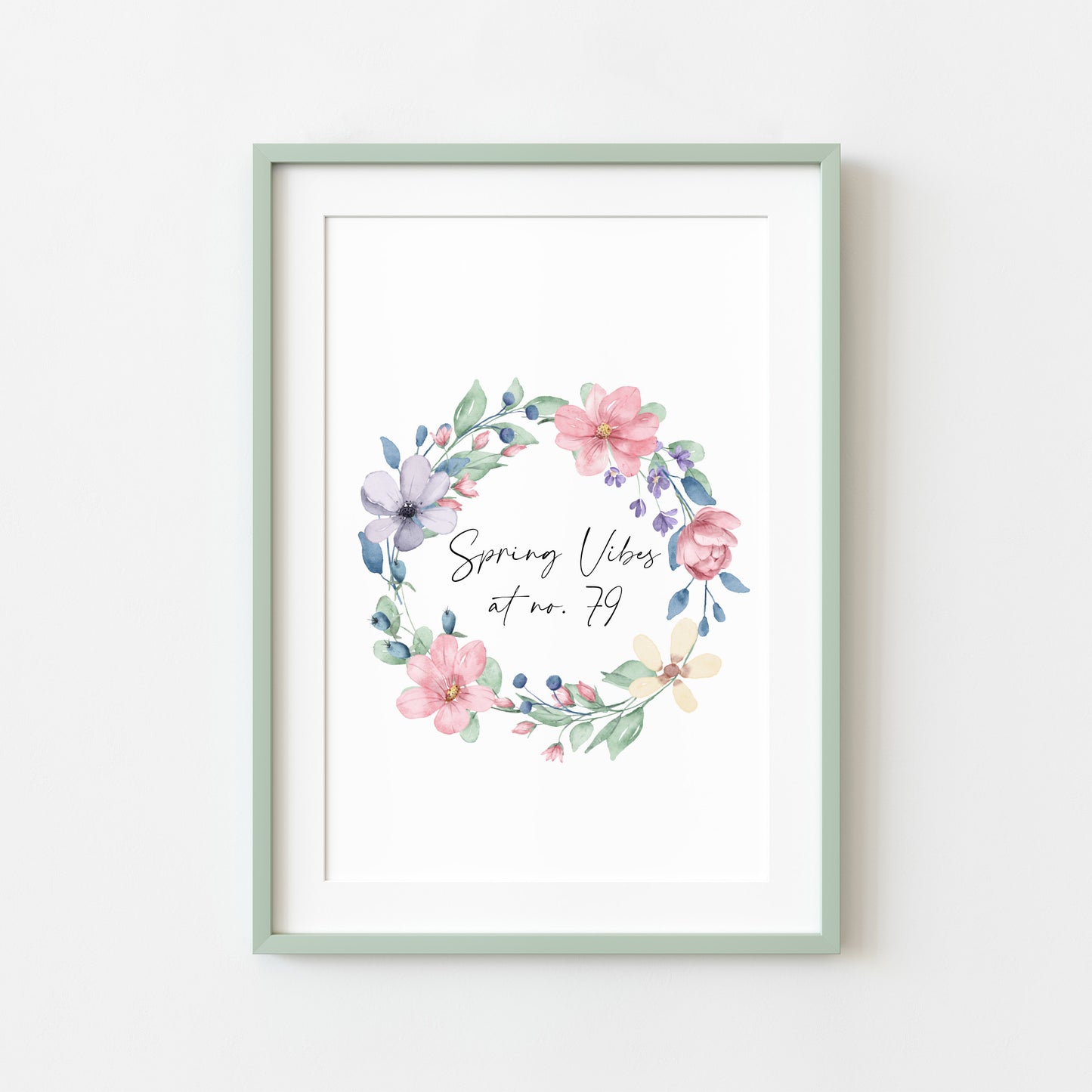 Spring Vibes at no. (house number) watercolour pink & blue floral bouquet spring home unframed wall art poster print