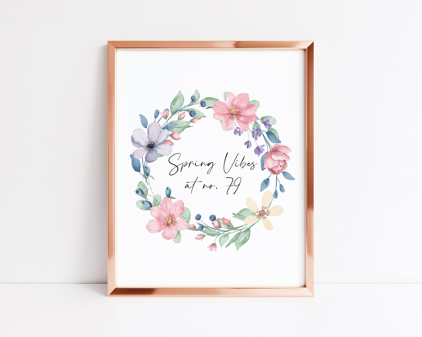 Spring Vibes at no. (house number) watercolour pink & blue floral bouquet spring home unframed wall art poster print