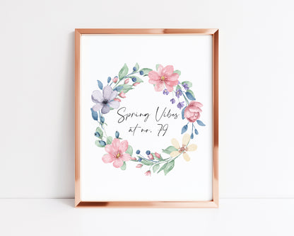 Spring Vibes at no. (house number) watercolour pink & blue floral bouquet spring home unframed wall art poster print