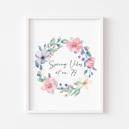 Spring Vibes at no. (house number) watercolour pink & blue floral bouquet spring home unframed wall art poster print