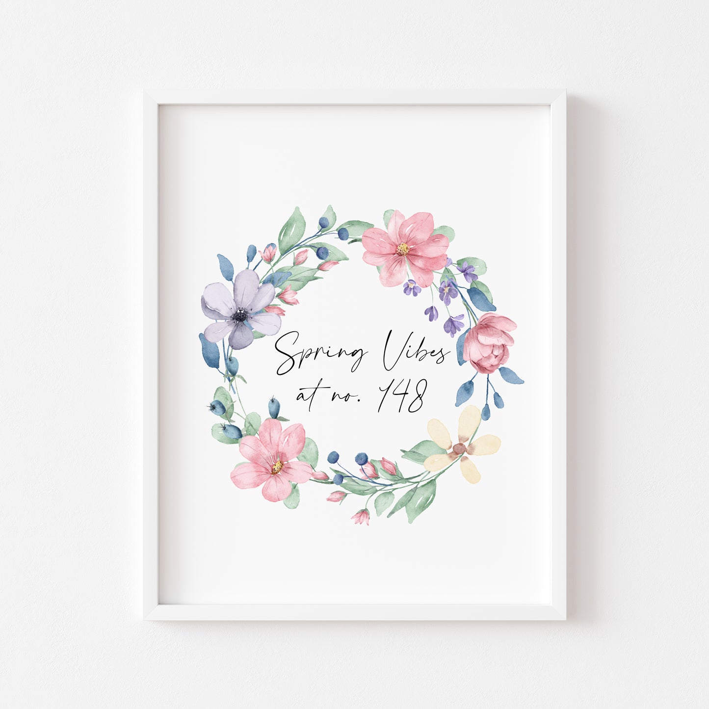 Spring Vibes at no. (house number) watercolour pink & blue floral bouquet spring home unframed wall art poster print