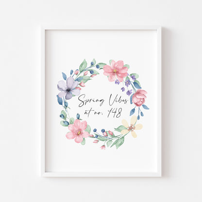 Spring Vibes at no. (house number) watercolour pink & blue floral bouquet spring home unframed wall art poster print