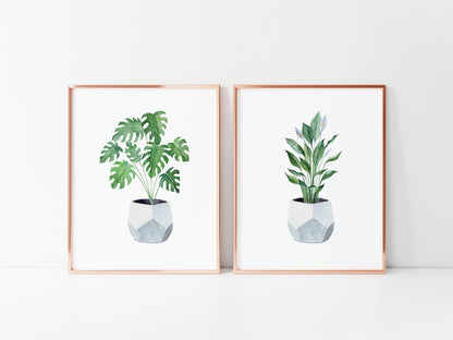 Set of 2 botanical plant blue pot watercolour unframed wall art poster prints