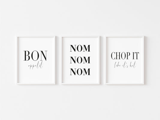 Set of 3 nom nom nom, bon appetit, chop it like it's hot unframed prints