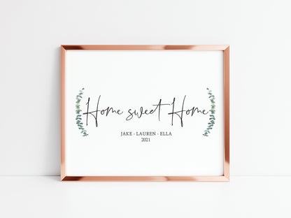 Home sweet home botanical personalised names and or dates bedroom, couples wall art unframed poster print