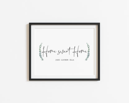 Home sweet home botanical personalised names and or dates bedroom, couples wall art unframed poster print