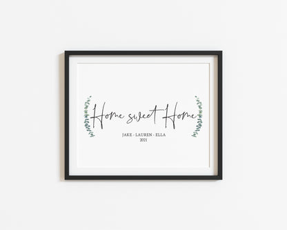 Home sweet home botanical personalised names and or dates bedroom, couples wall art unframed poster print