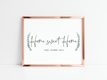 Home sweet home botanical personalised names and or dates bedroom, couples wall art unframed poster print