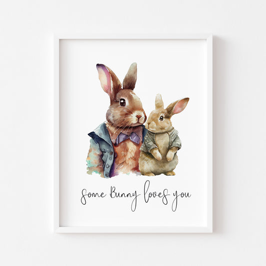 Some Bunny loves you rabbits watercolour seasonal spring nursery unframed wall art poster print