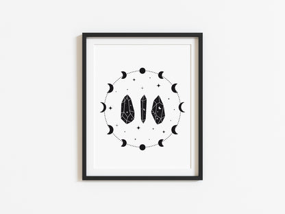 Celestial, moon and crystal illustration style unframed wall art poster print