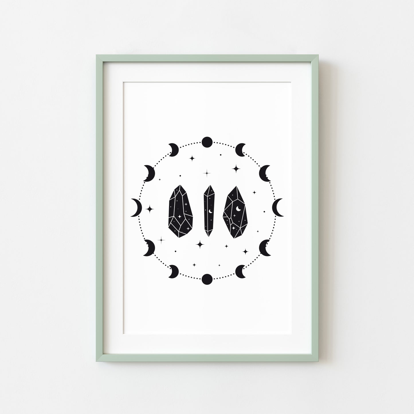 Celestial, moon and crystal illustration style unframed wall art poster print