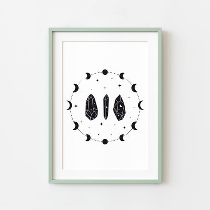 Celestial, moon and crystal illustration style unframed wall art poster print