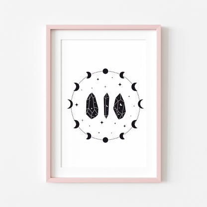 Celestial, moon and crystal illustration style unframed wall art poster print