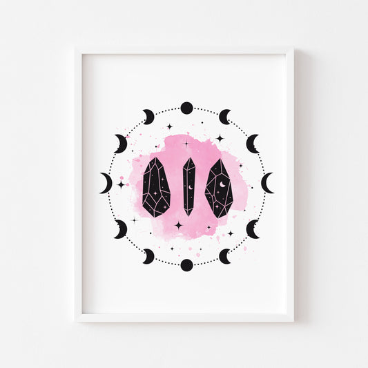 Celestial, Pink splatter watercolour moon and crystal illustration style unframed wall art poster print