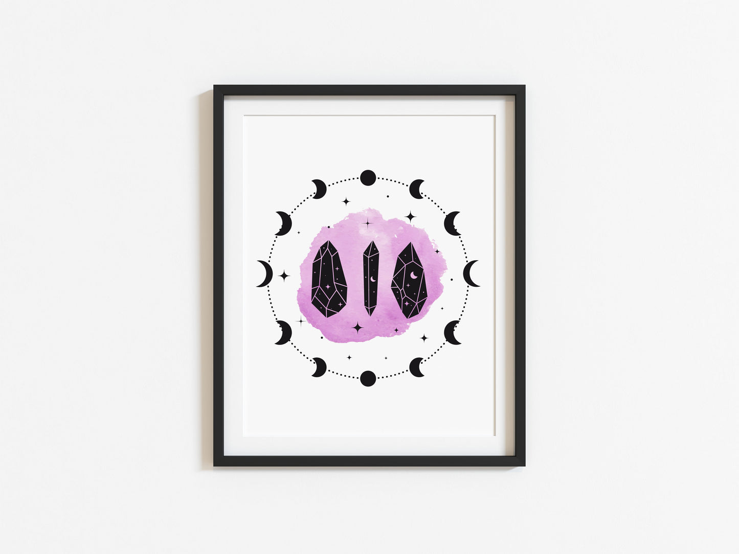 Celestial, Purple watercolour moon and crystal illustration style unframed wall art poster print