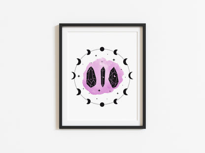 Celestial, Purple watercolour moon and crystal illustration style unframed wall art poster print