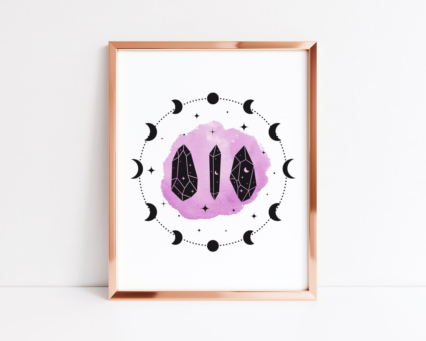 Celestial, Purple watercolour moon and crystal illustration style unframed wall art poster print