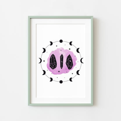 Celestial, Purple watercolour moon and crystal illustration style unframed wall art poster print