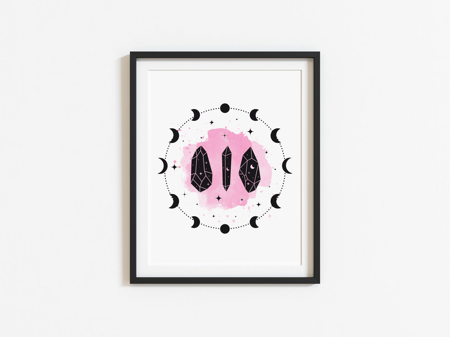 Celestial, Pink splatter watercolour moon and crystal illustration style unframed wall art poster print