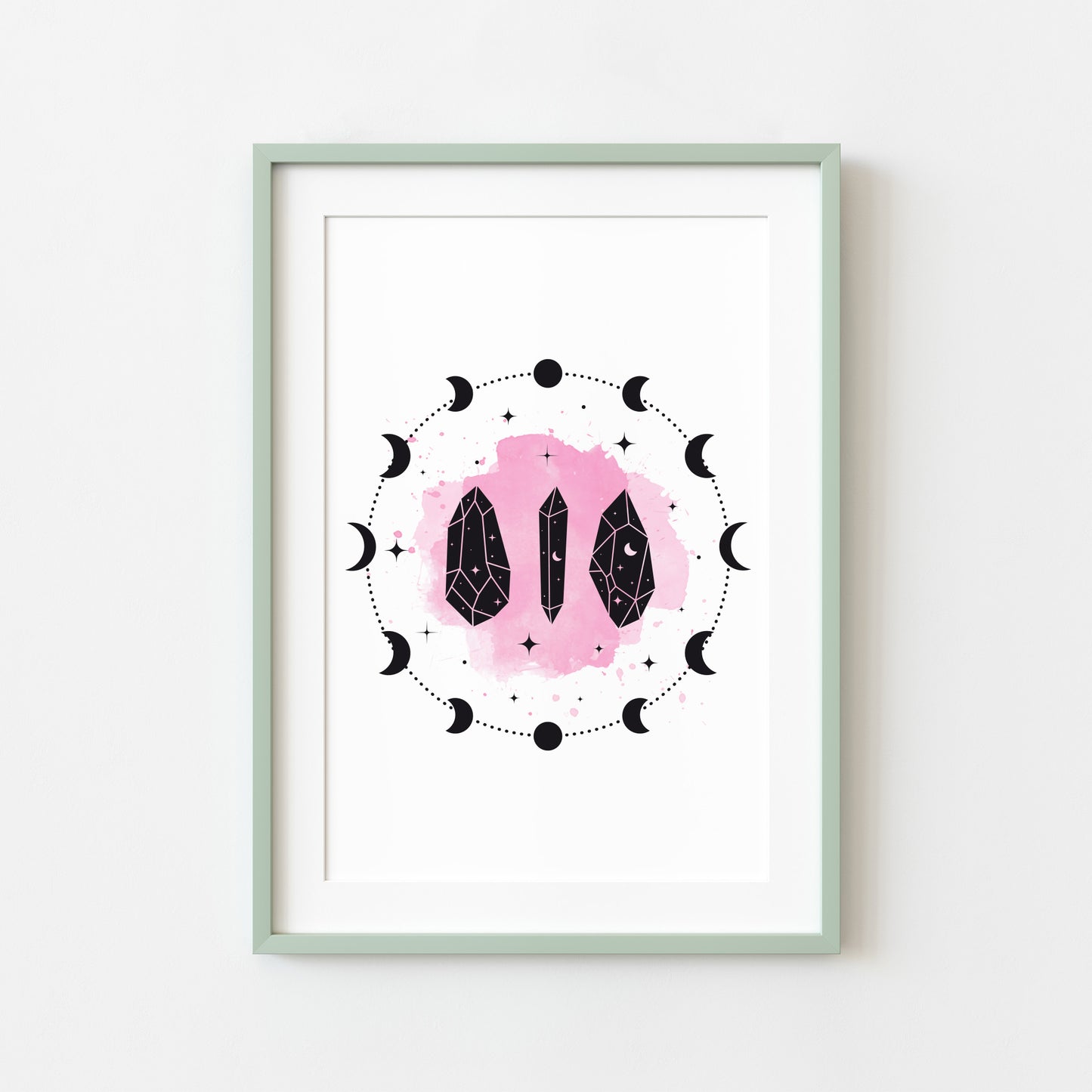 Celestial, Pink splatter watercolour moon and crystal illustration style unframed wall art poster print