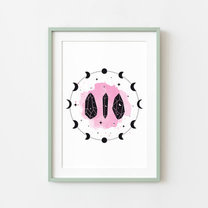 Celestial, Pink splatter watercolour moon and crystal illustration style unframed wall art poster print