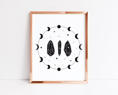 Celestial, moon and crystal illustration style unframed wall art poster print