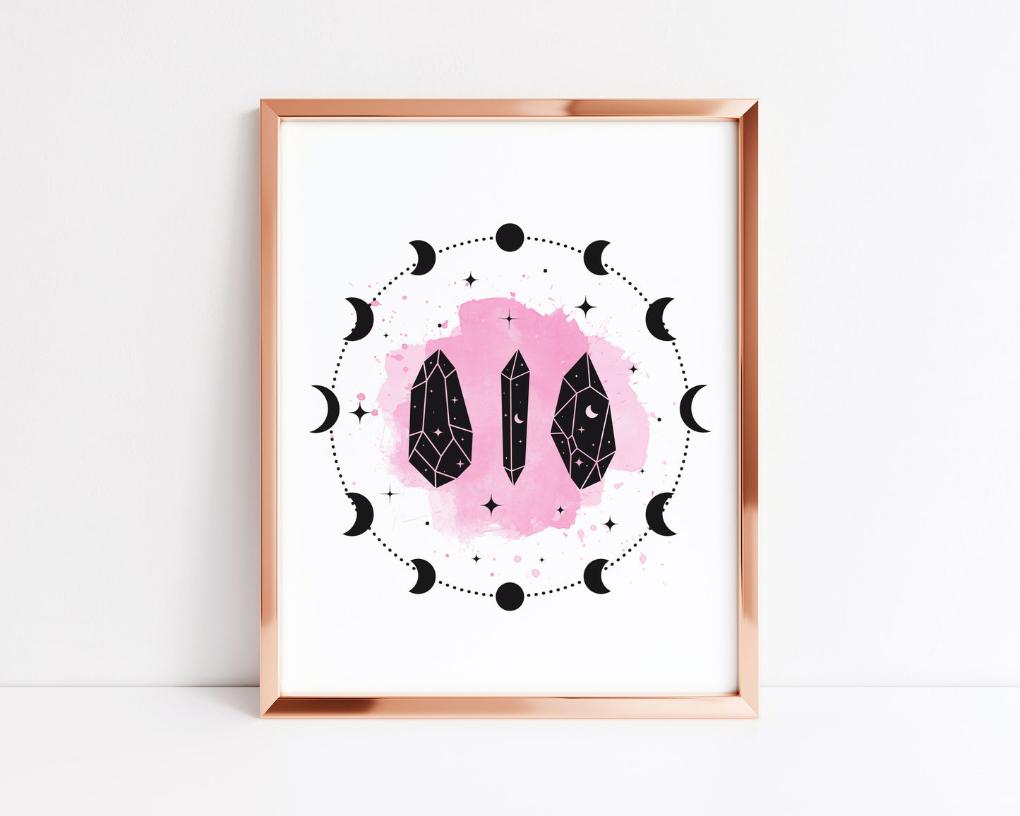 Celestial, Pink splatter watercolour moon and crystal illustration style unframed wall art poster print