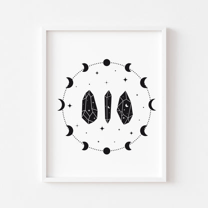 Celestial, moon and crystal illustration style unframed wall art poster print