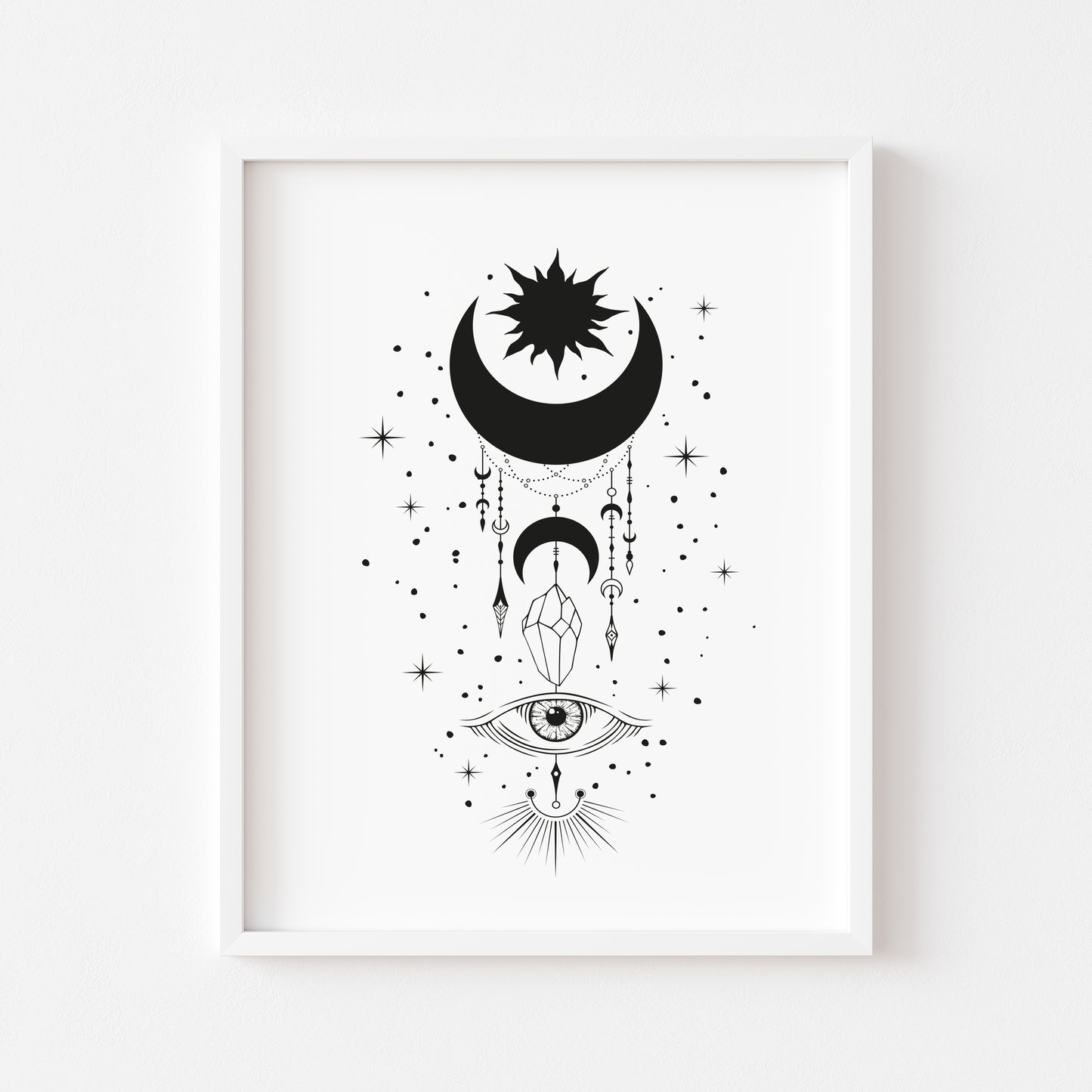 Celestial, moon, sun and crystals illustration drawing style unframed wall art poster print