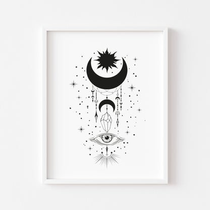 Celestial, moon, sun and crystals illustration drawing style unframed wall art poster print