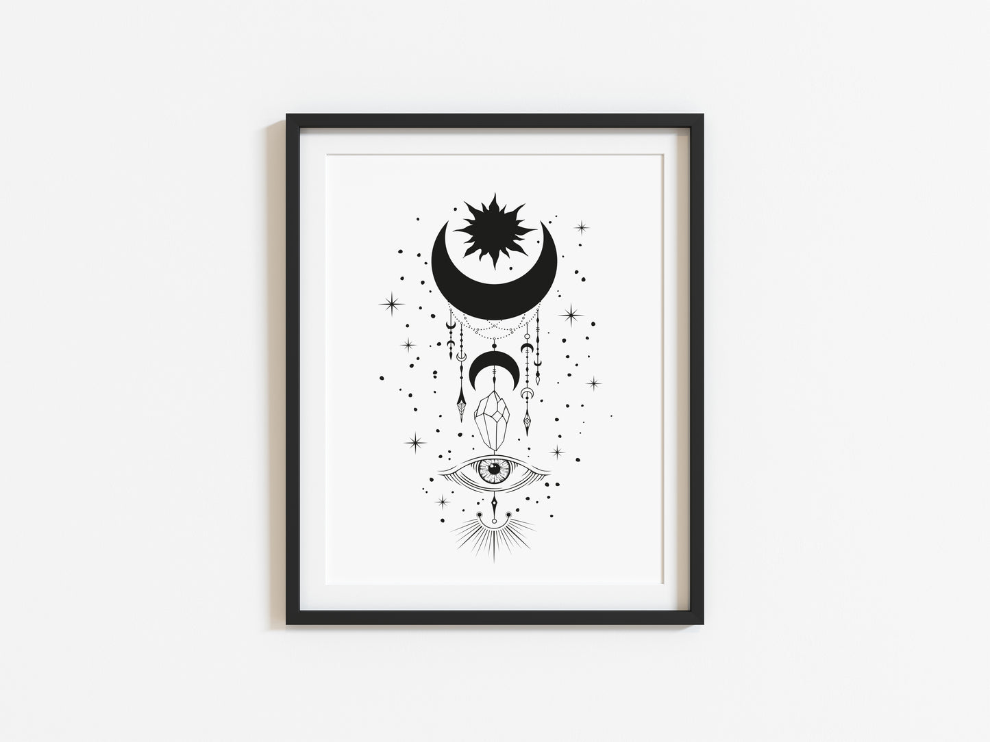 Celestial, moon, sun and crystals illustration drawing style unframed wall art poster print