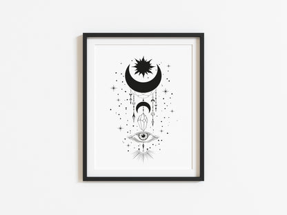 Celestial, moon, sun and crystals illustration drawing style unframed wall art poster print