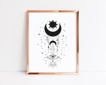 Celestial, moon, sun and crystals illustration drawing style unframed wall art poster print