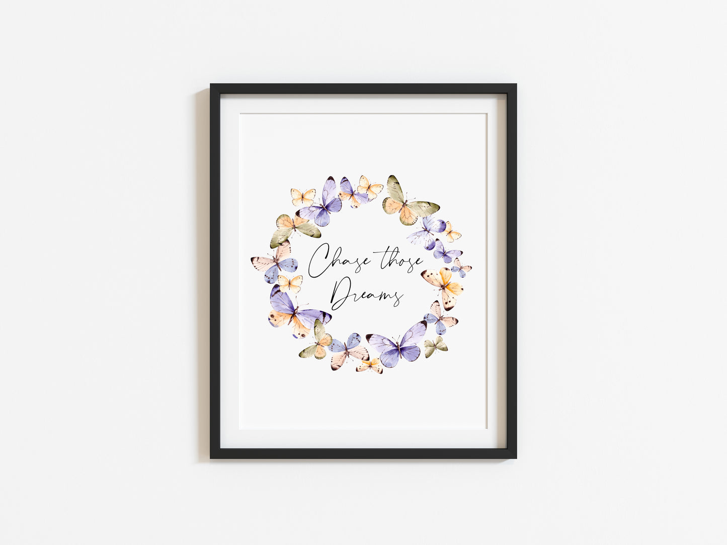 Chase those dreams purple and orange Butterfly wreath motivational bedroom, office watercolour style unframed wall art poster print