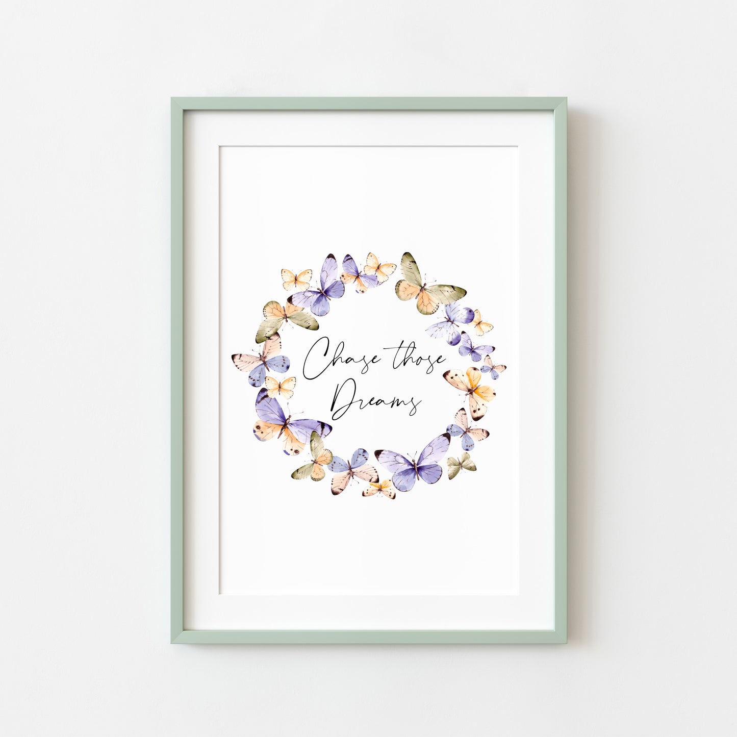 Chase those dreams purple and orange Butterfly wreath motivational bedroom, office watercolour style unframed wall art poster print