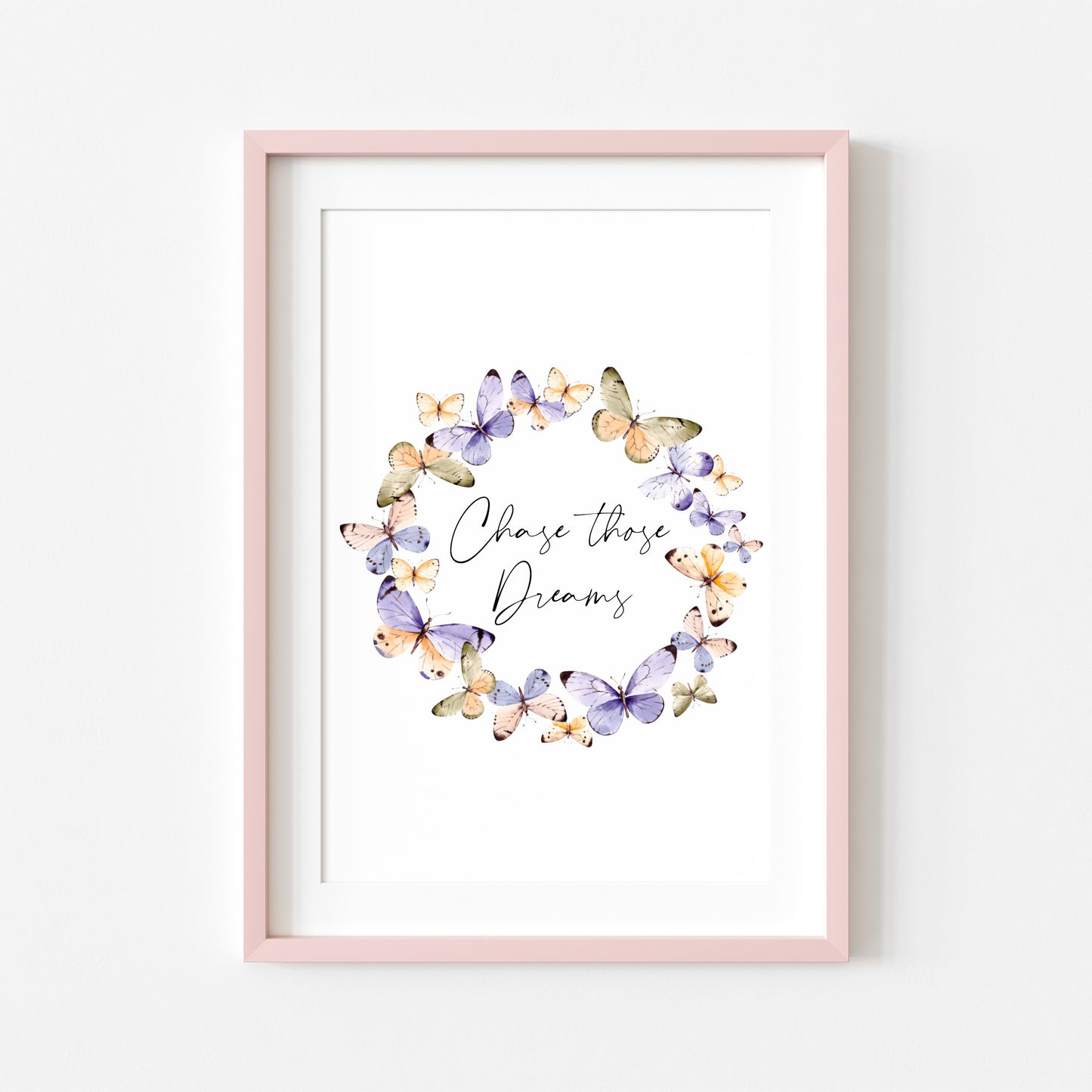 Chase those dreams purple and orange Butterfly wreath motivational bedroom, office watercolour style unframed wall art poster print