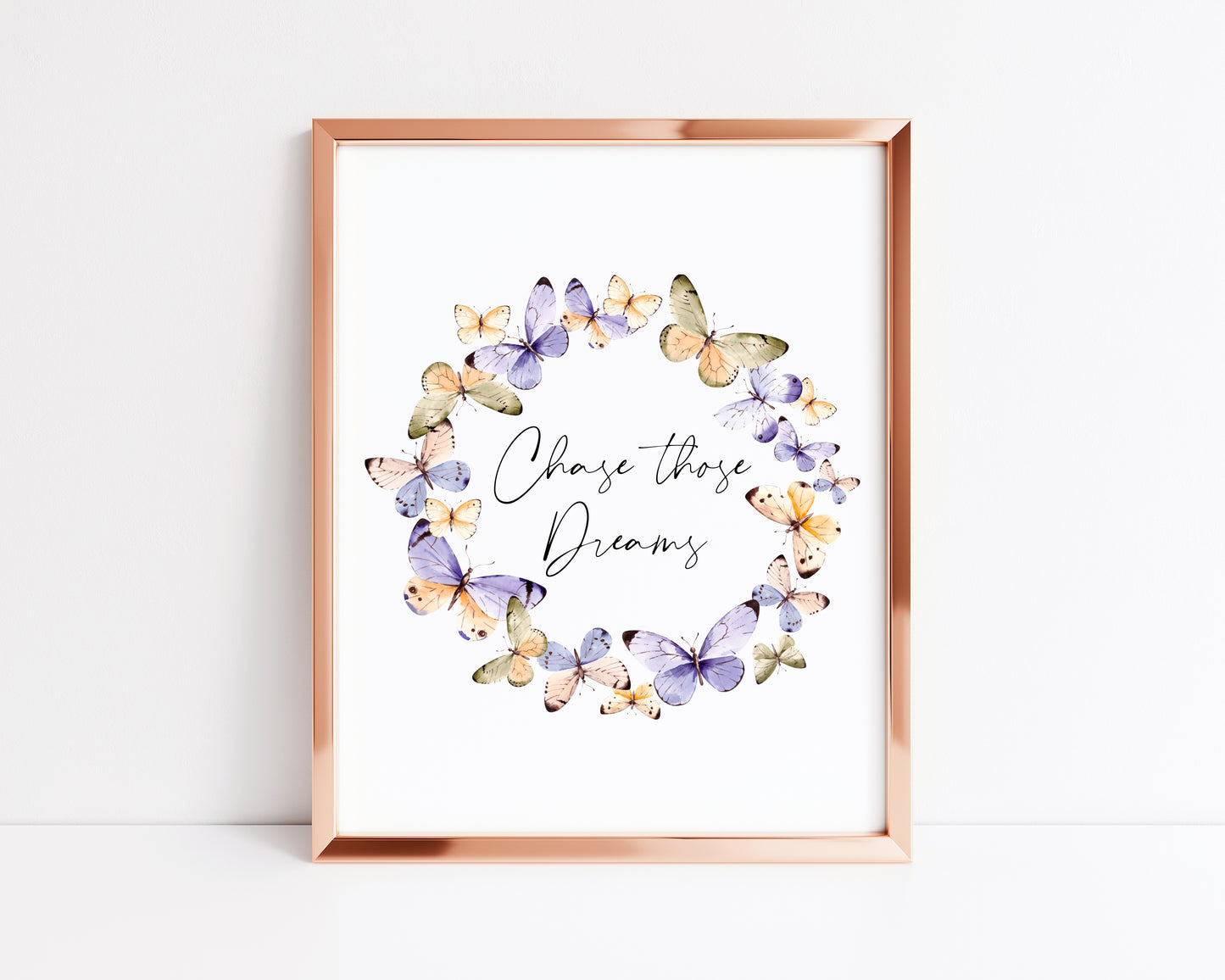 Chase those dreams purple and orange Butterfly wreath motivational bedroom, office watercolour style unframed wall art poster print